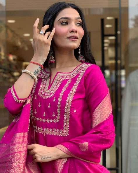 3-Piece Cotton Kurta Set for Women ? Kurta, Palazzo & Dupatta(XXL) - Image 7